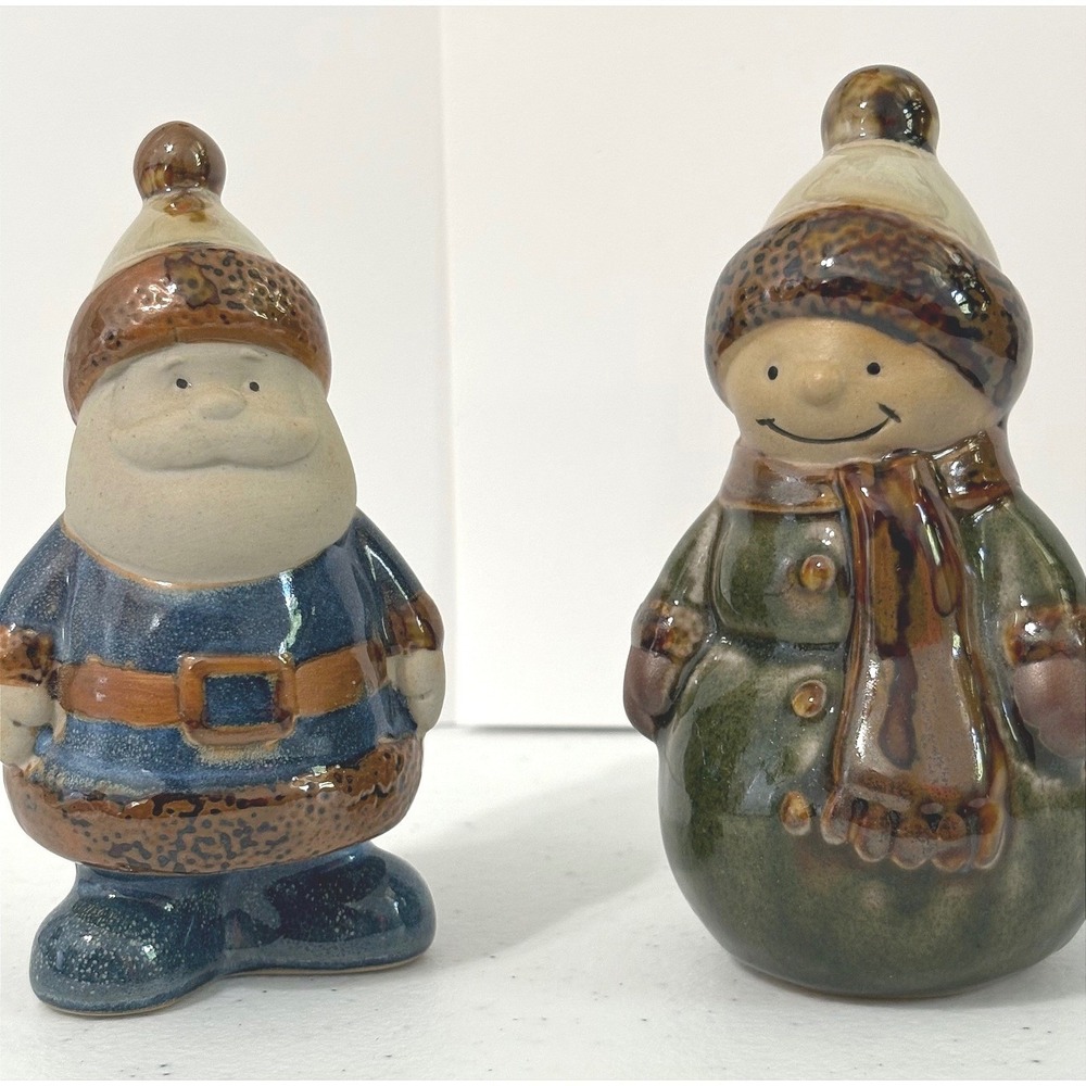 Ceramic Santa and Snowman Figurines Blue Green Glazed Christmas Folk Art Decor
